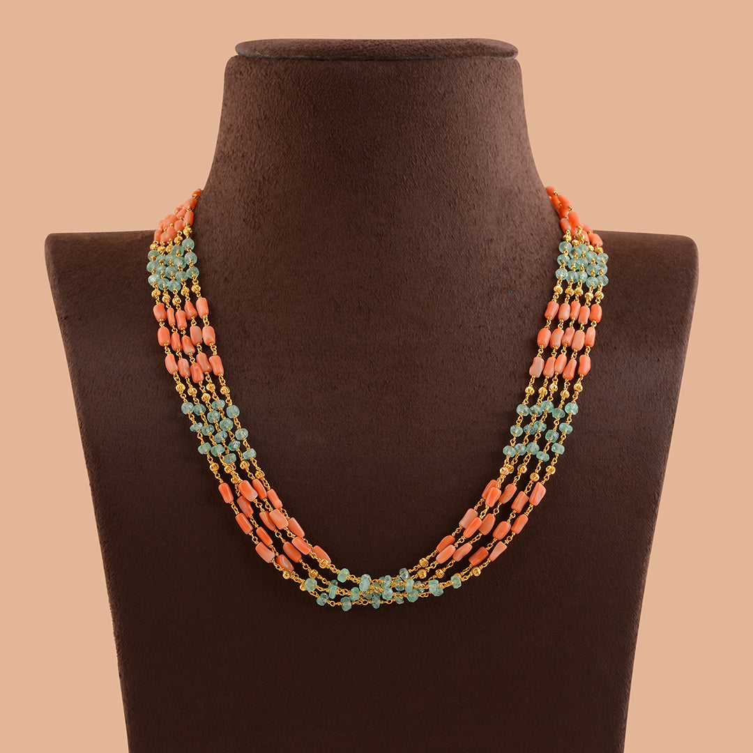 Coral And Emeralds  Beeds Gold Necklace