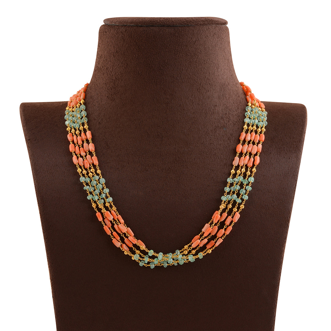 Coral And Emeralds  Beeds Gold Necklace