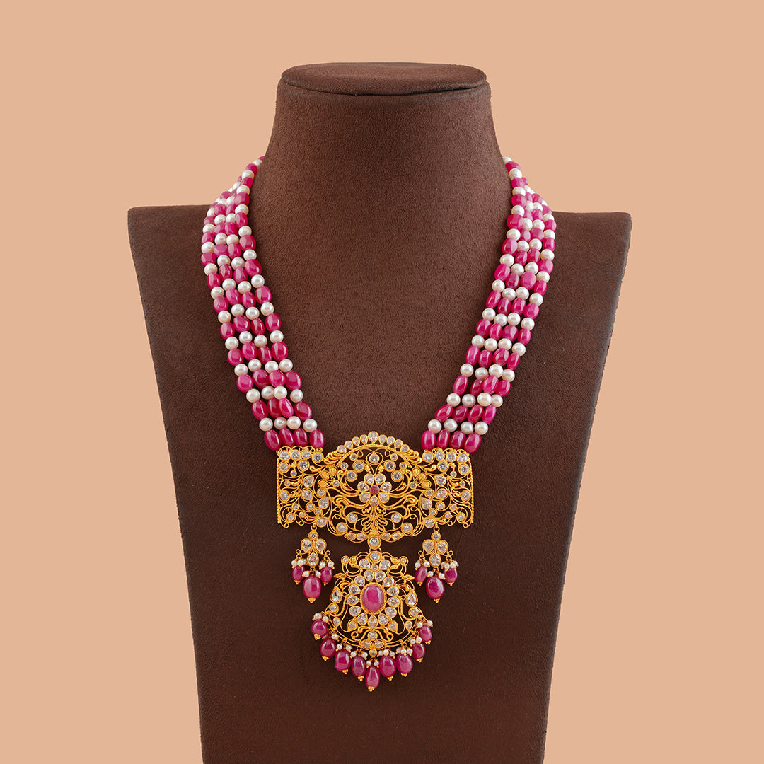 Royal Gold Pearl and Beads Long Necklace With Gold Pendant
