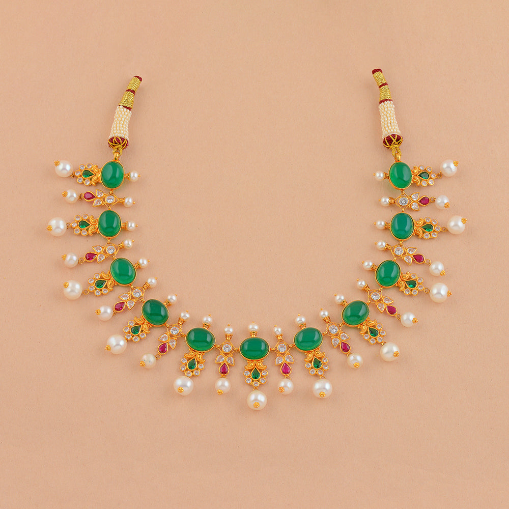 Multistone Gold Pearl Necklace Krishna Jewellers