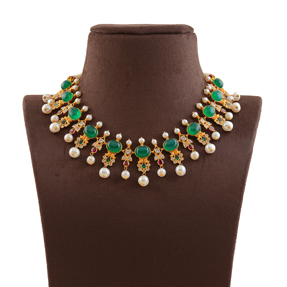 Multistone Gold Pearl Necklace Krishna Jewellers