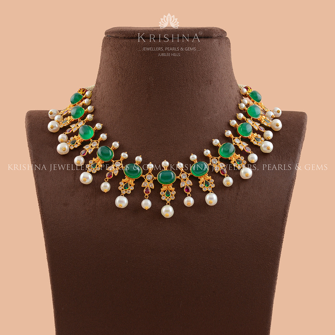 Multistone Gold Pearl Necklace