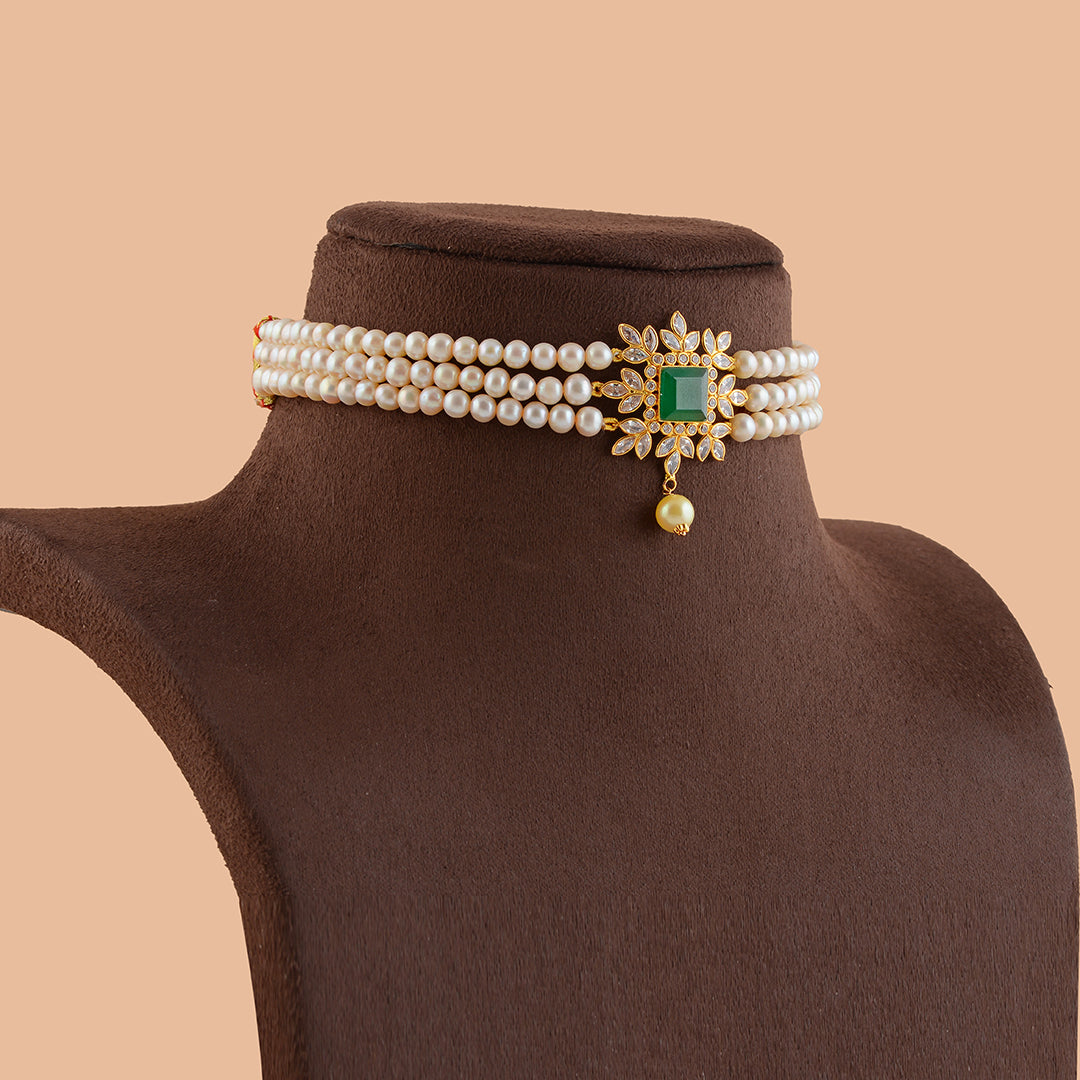 Triple Line Gold Pearl Necklace