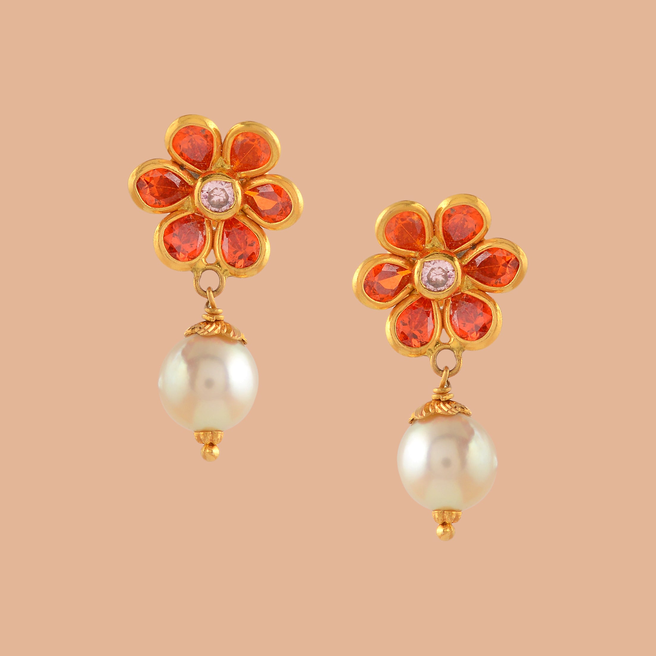 Traditional Pearl & Coral Earrings In 22K Gold By Lagu Bandhu - Lagu Bandhu