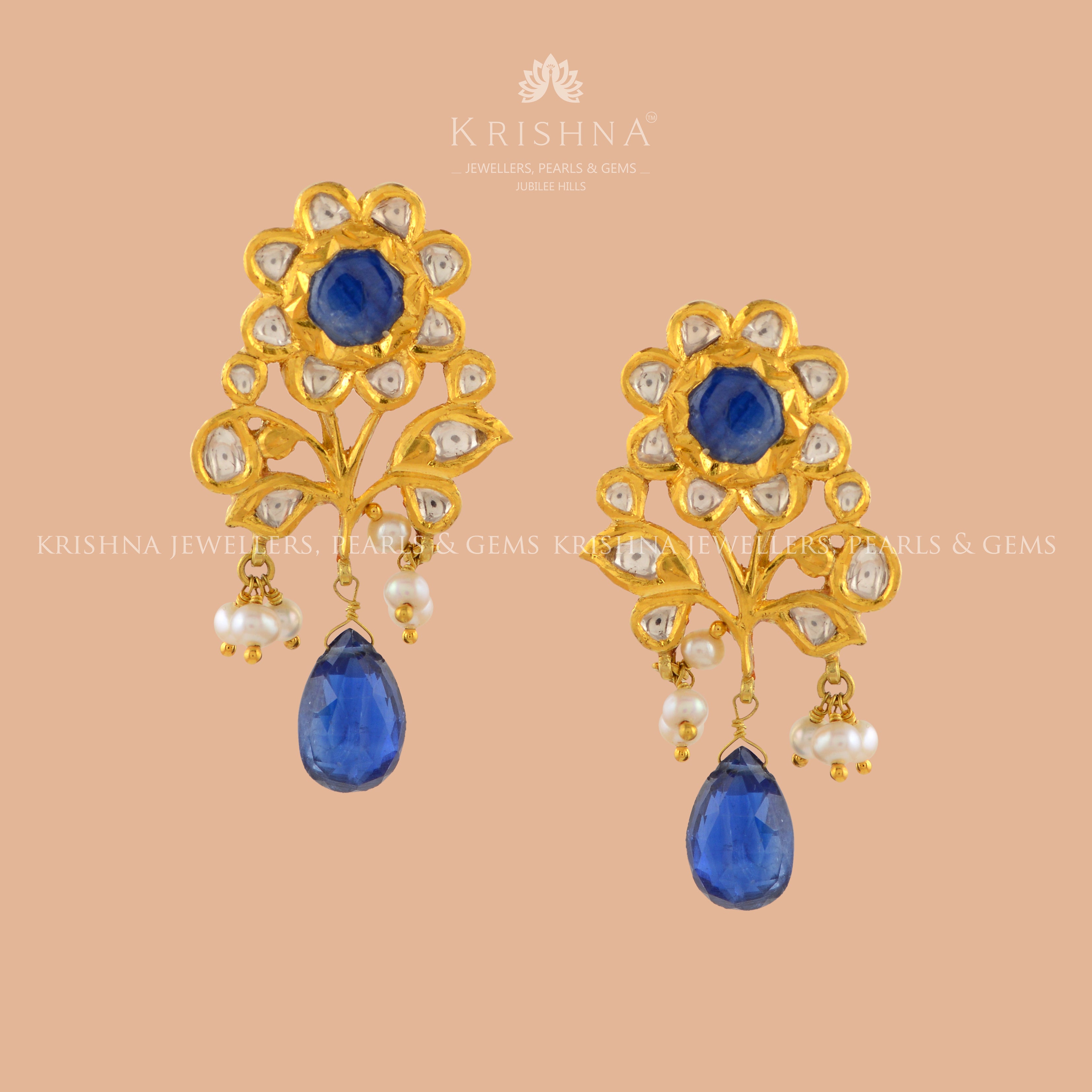 Buy Royal Blue Pearl and Kundan Earring Set for Party