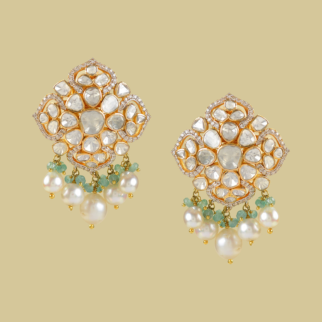Gold Polki Pearl Emerald Studed Earrings