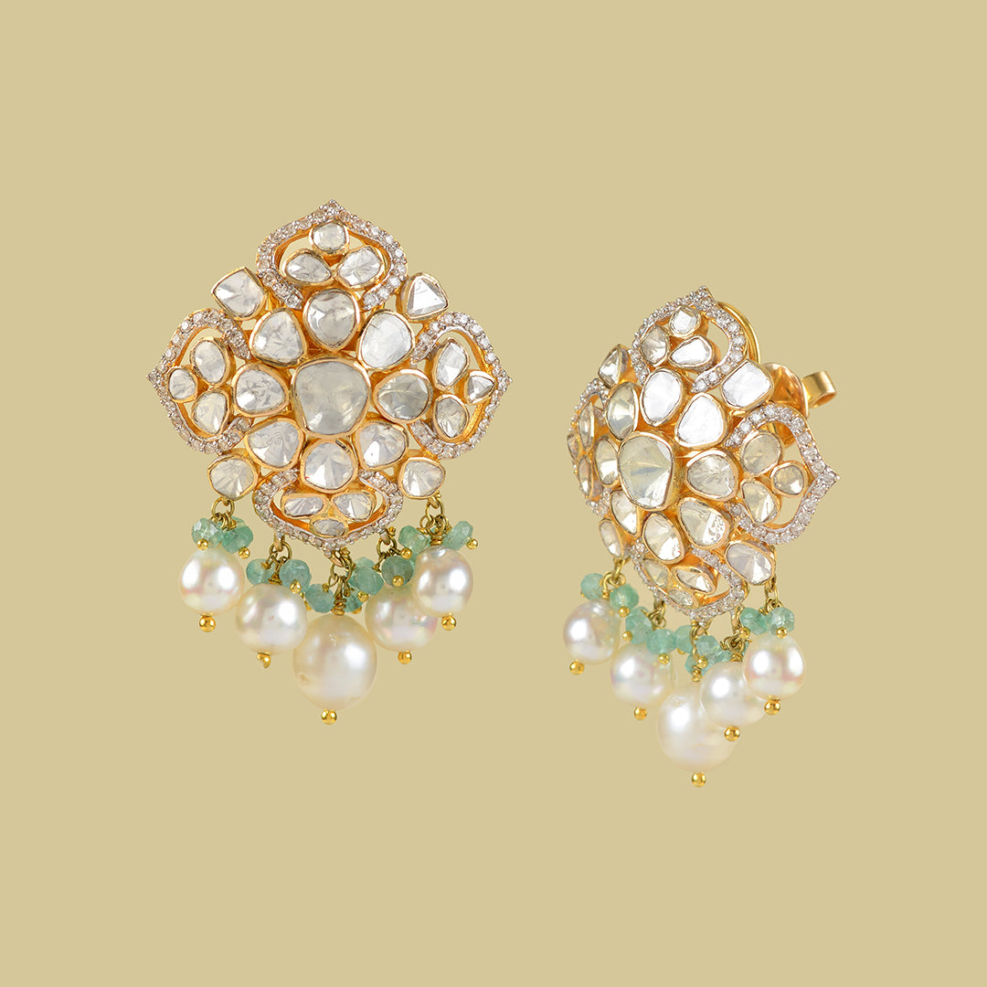 Gold Polki Pearl Emerald Studed Earrings