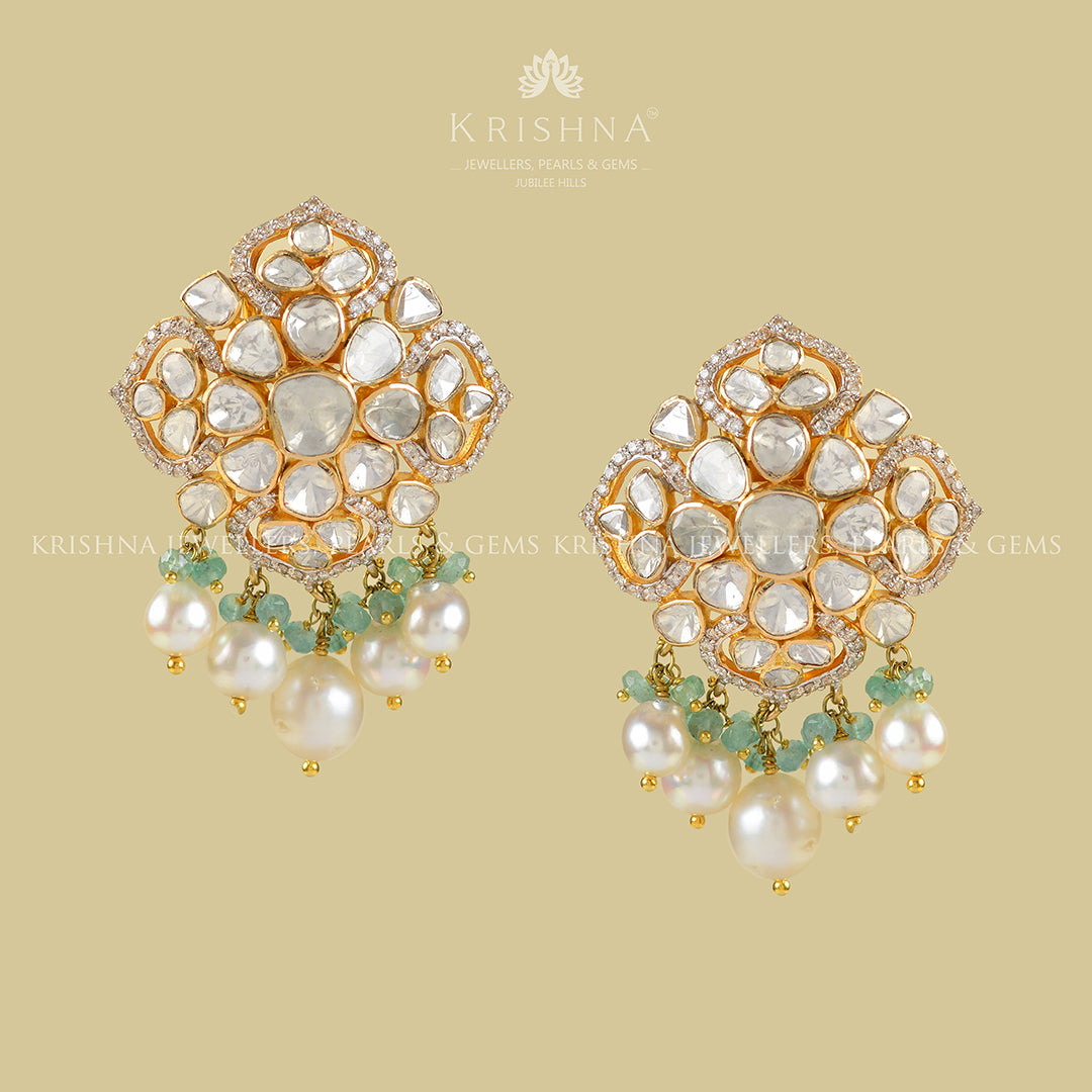 Gold Polki Pearl Emerald Studed Earrings - Krishna Jewellers Pearls and Gems