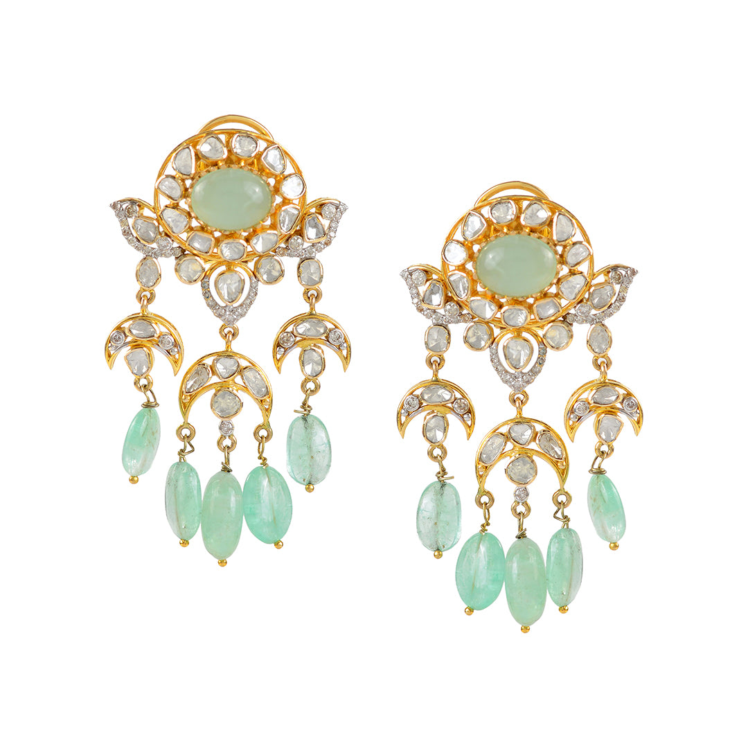 14k Gold Polki Emerald Hanging Earrings