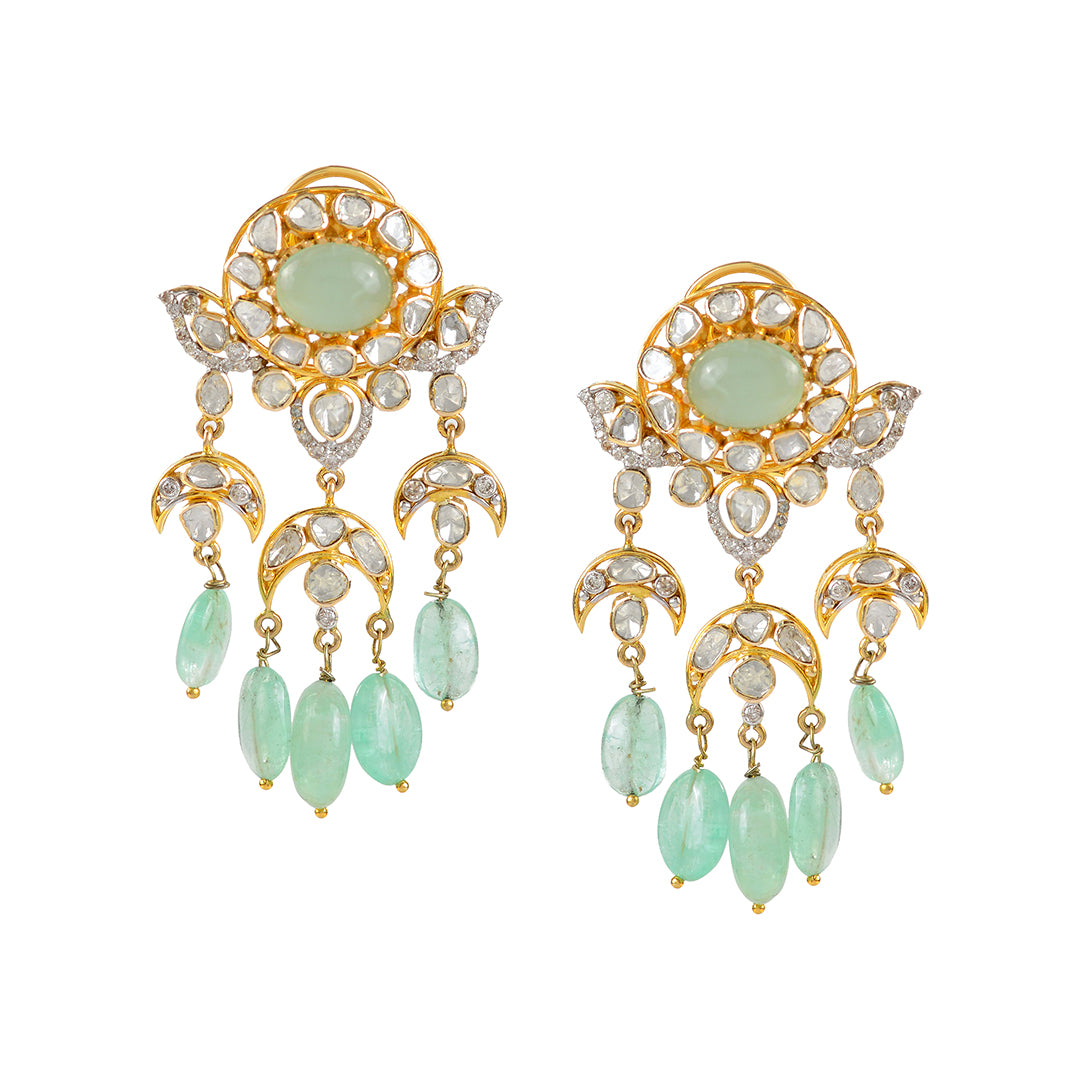 14k Gold Polki Emerald Hanging Earrings - Krishna Jewellers Pearls and Gems