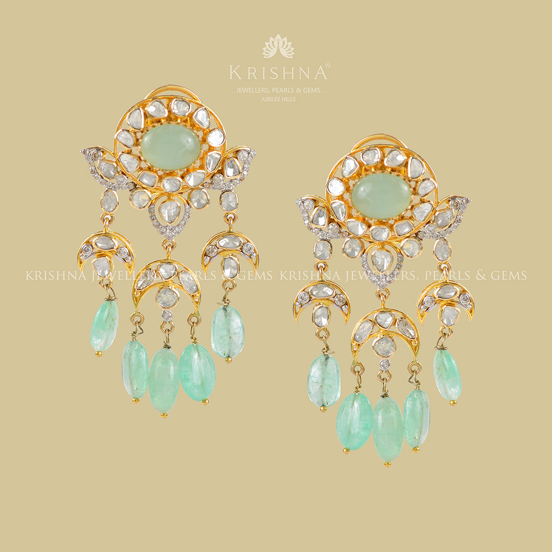 14k Gold Polki Emerald Hanging Earrings - Krishna Jewellers Pearls and Gems