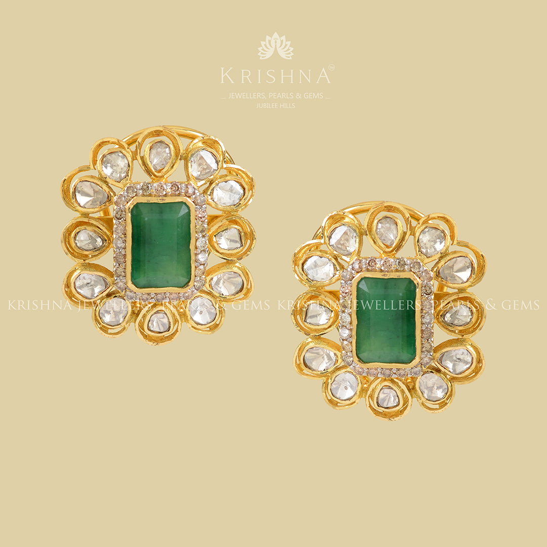 Polki Studed Earrings Crafted with Emerald - Krishna Jewellers Pearls and Gems