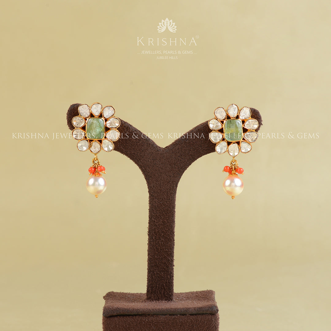 22K Gold Coral Emerald Pearl Earrings