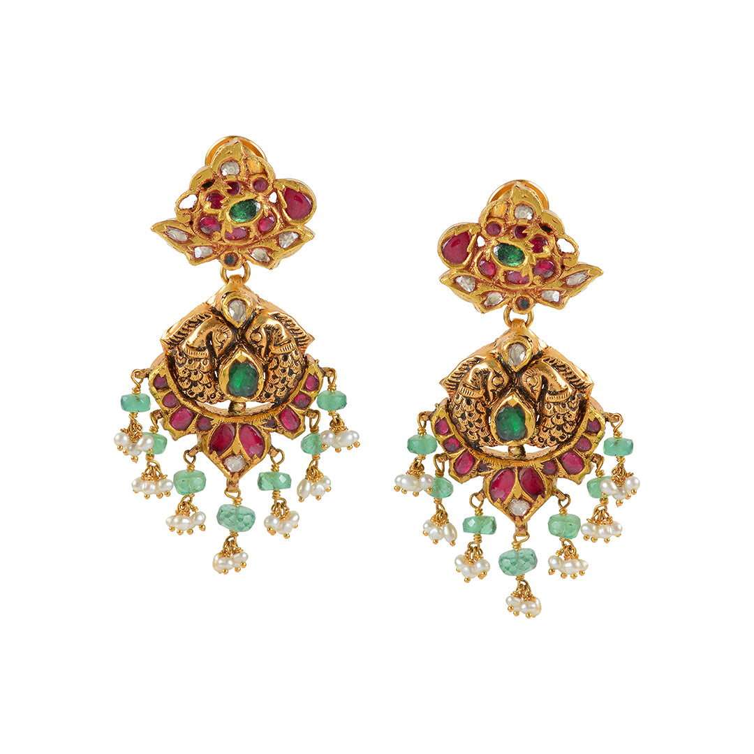 22k Gold Emerald Ruby Chandbali Earrings