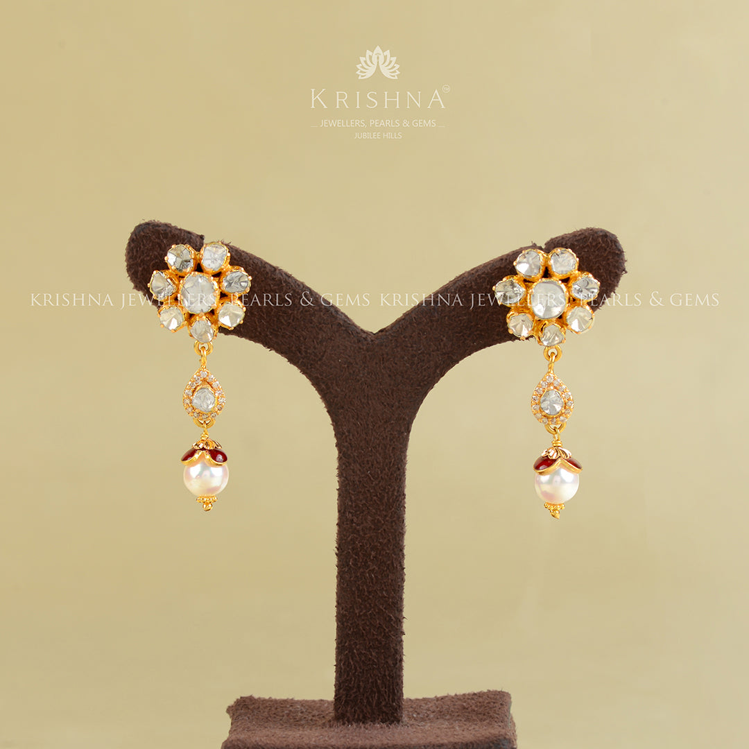 22k Gold Studed Pearl Hanging Earrings