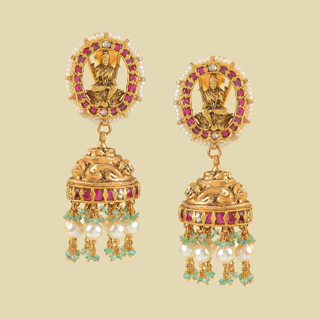 Laxmi Themed 22k Gold Kundan Jhumka Earrings