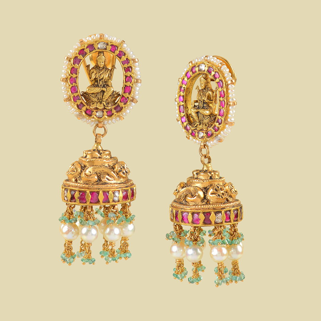 Laxmi Themed 22k Gold Kundan Jhumka Earrings