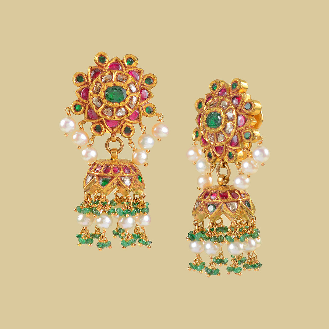 Gold Kundan Ruby Polki Jhumka Earrings
