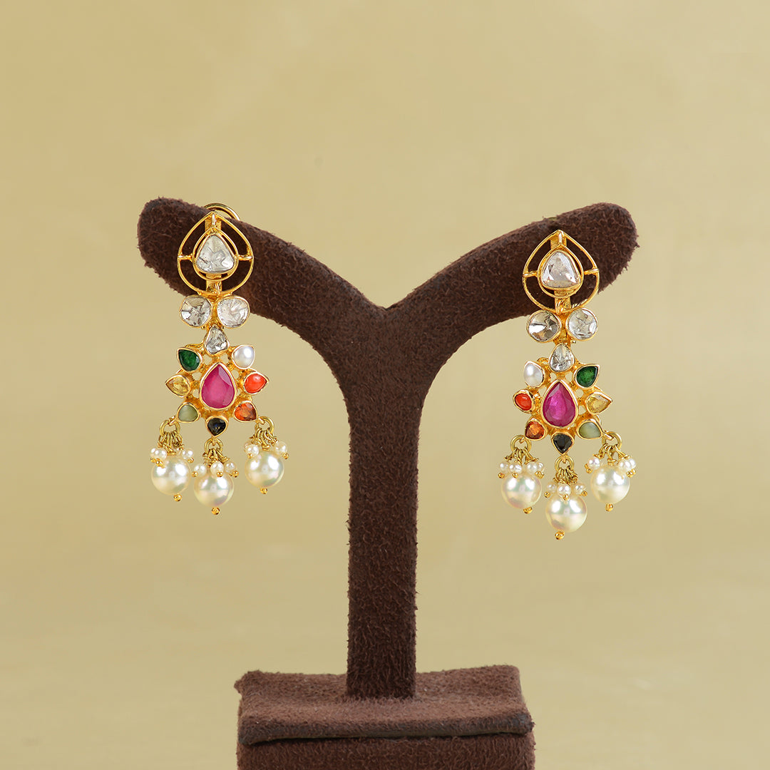 14K Gold Polki Navarthna Stones Earrings - Krishna Jewellers Pearls and Gems