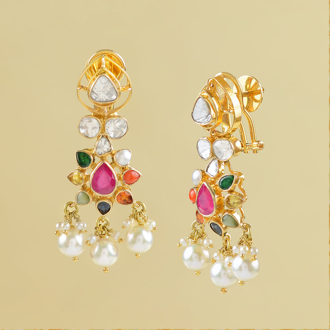 14K Gold Polki Navarthna Stones Earrings - Krishna Jewellers Pearls and Gems