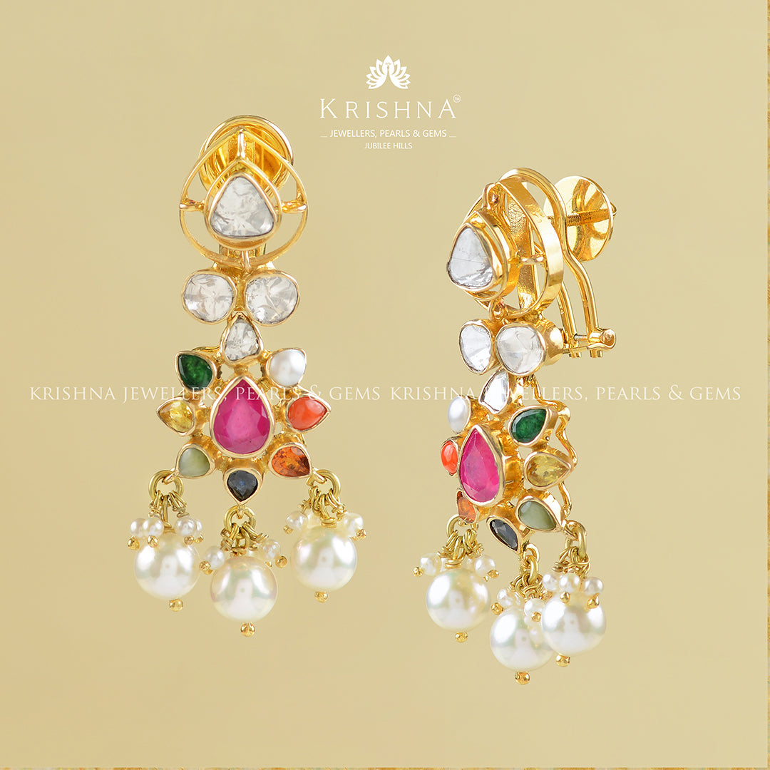 14K Gold Polki Navarthna Stones Earrings - Krishna Jewellers Pearls and Gems