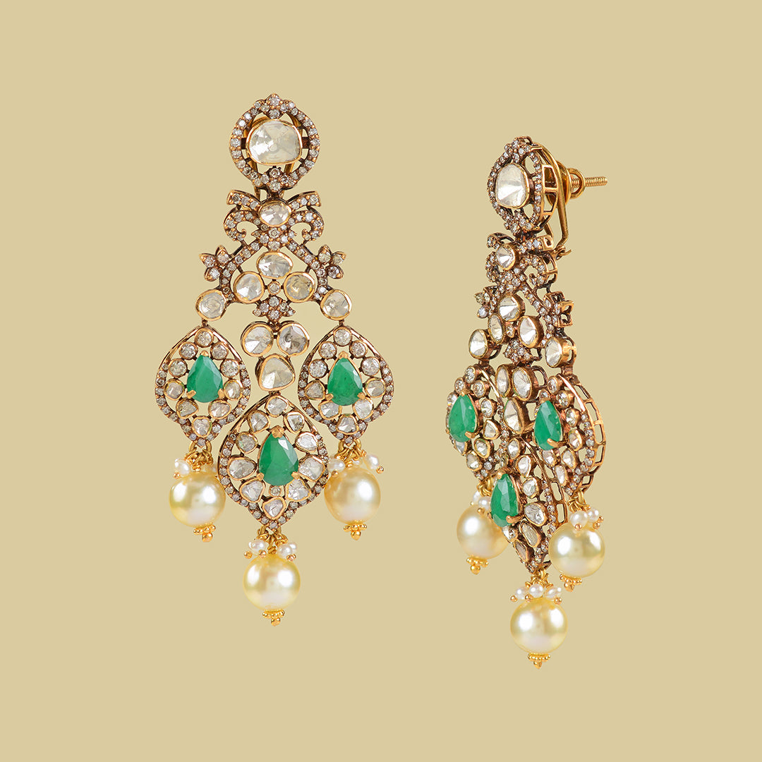 22k Gold Polki Emerald Hanging Earrings
