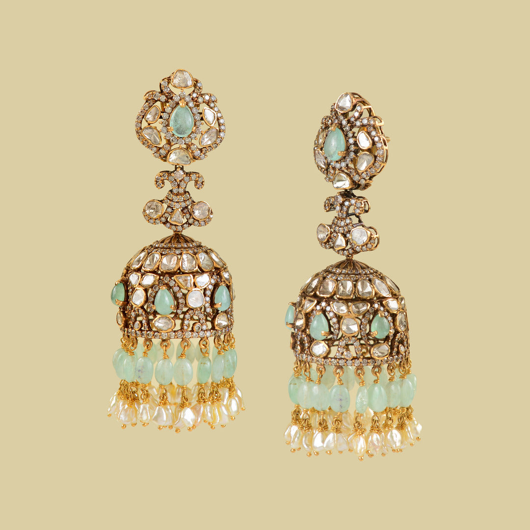 Victorian Emerald Polki Jhumka Earrings