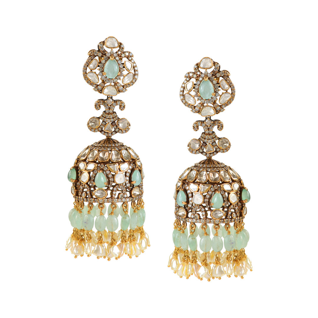 Kashmiri jhumka earrings sale with emeralds & polki