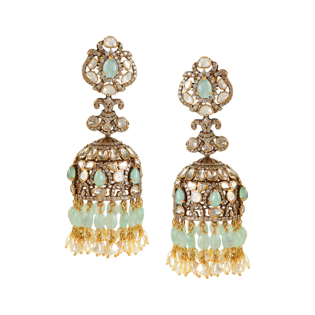 Victorian Emerald Polki Jhumka Earrings
