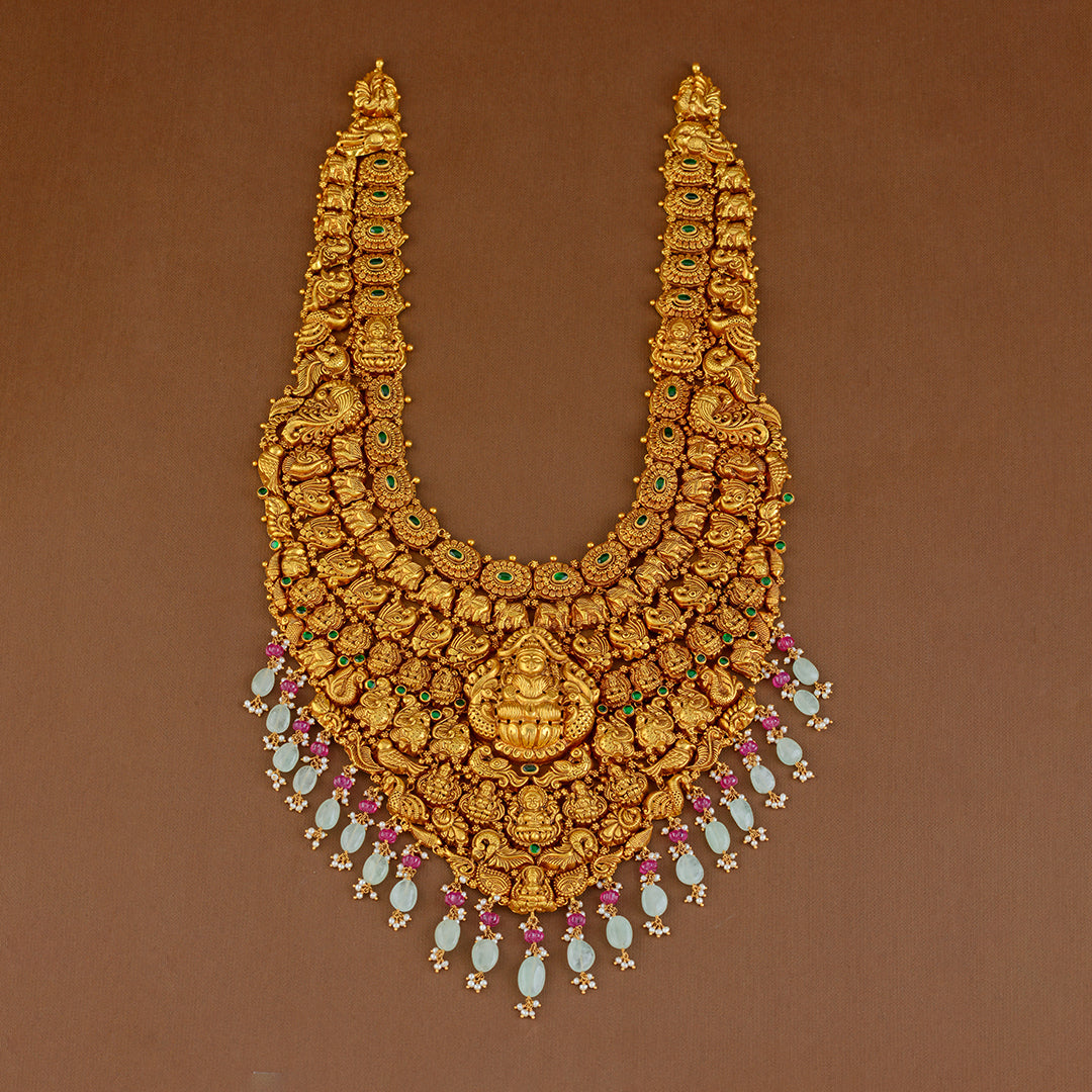 Goddess Lakshmi Long Gold Haram in Nakshi Work