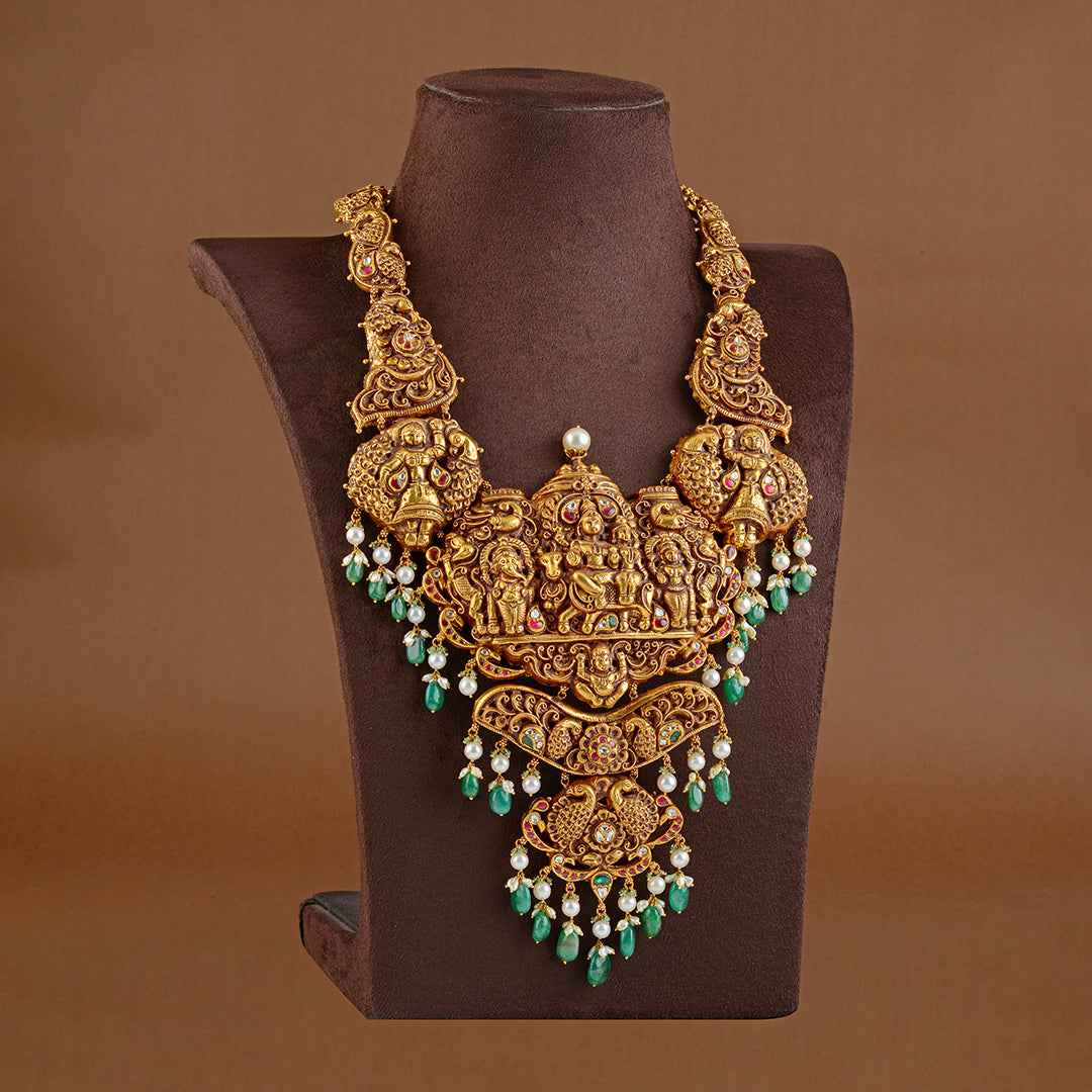 22K Gold Long Necklace & Drop Earrings Set with Uncut Diamonds - 235-DS466  in 89.050 Grams