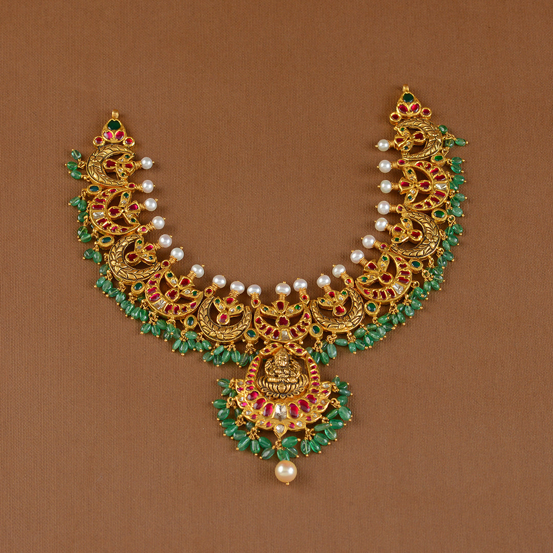 Gold Chandbali Necklace with Laxmi Pendant
