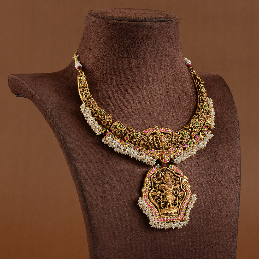 Antique Gold Kanti Necklace With Guttapusalu