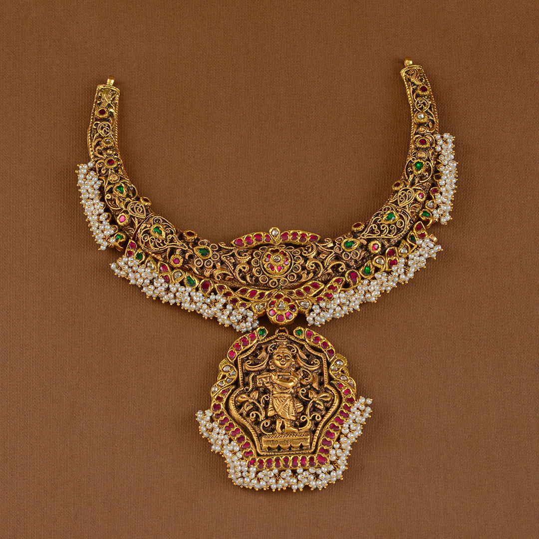 Antique Gold Kanti Necklace With Guttapusalu