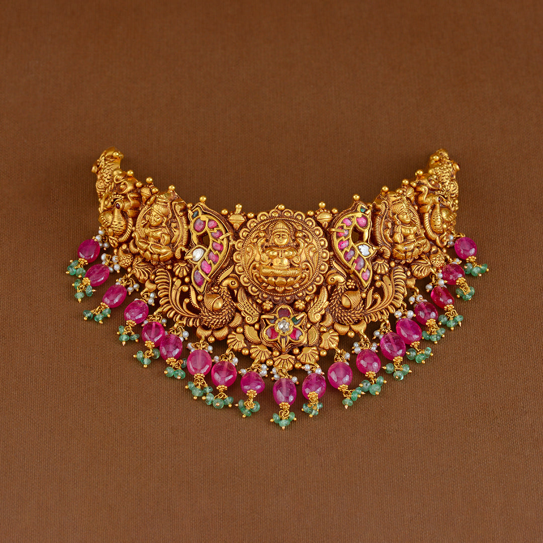 22K Gold Choker in Peacock and Lakshmi Motif