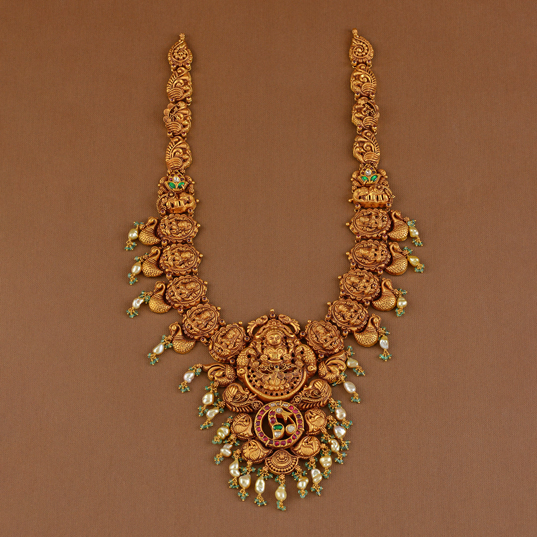 Nakshi Gold Long Haram in Lakshmi and Peacock Work
