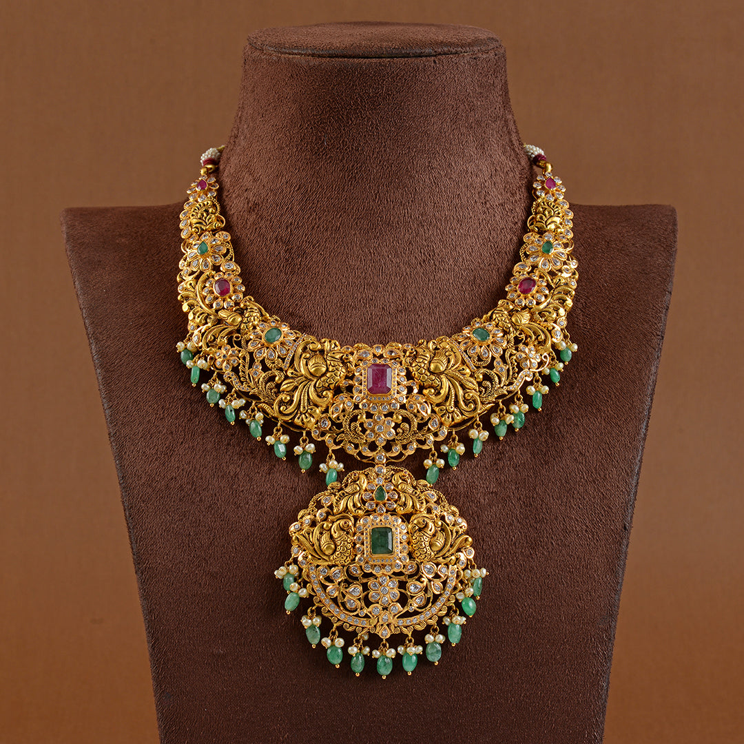 Gold Necklace in Floral Motif - Krishna Jewellers Pearls and Gems