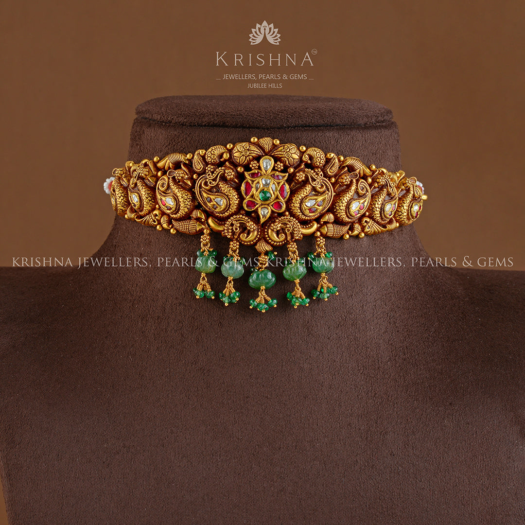 Gold Choker Necklace in Peacock Motif