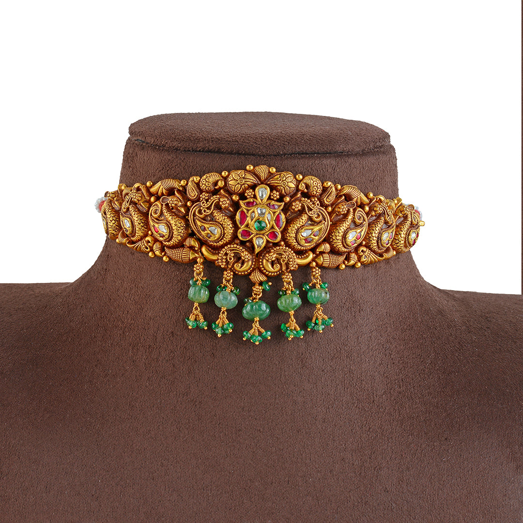 Gold Choker Necklace in Peacock Motif