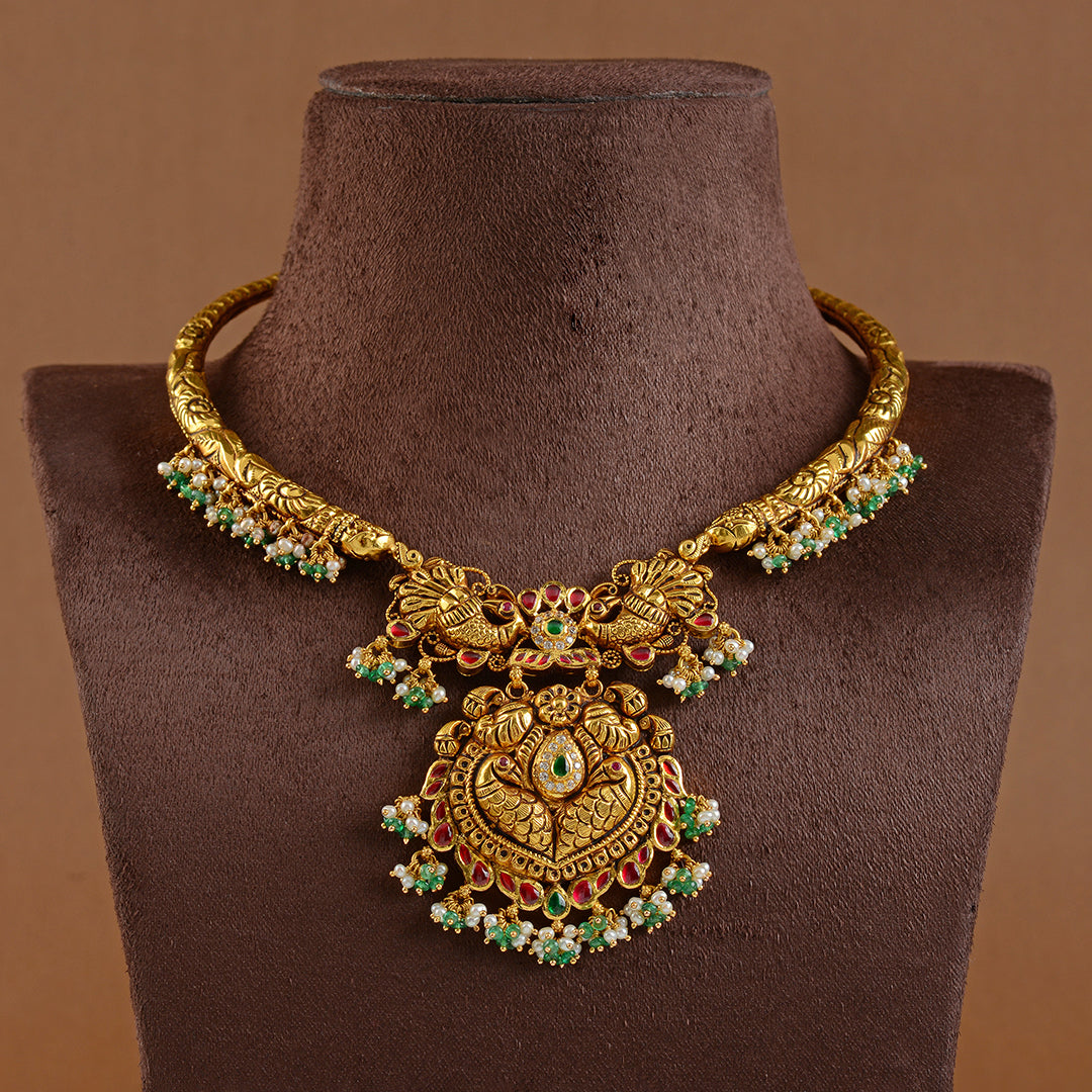 22k Gold Kanti Necklace With Emerald Beads