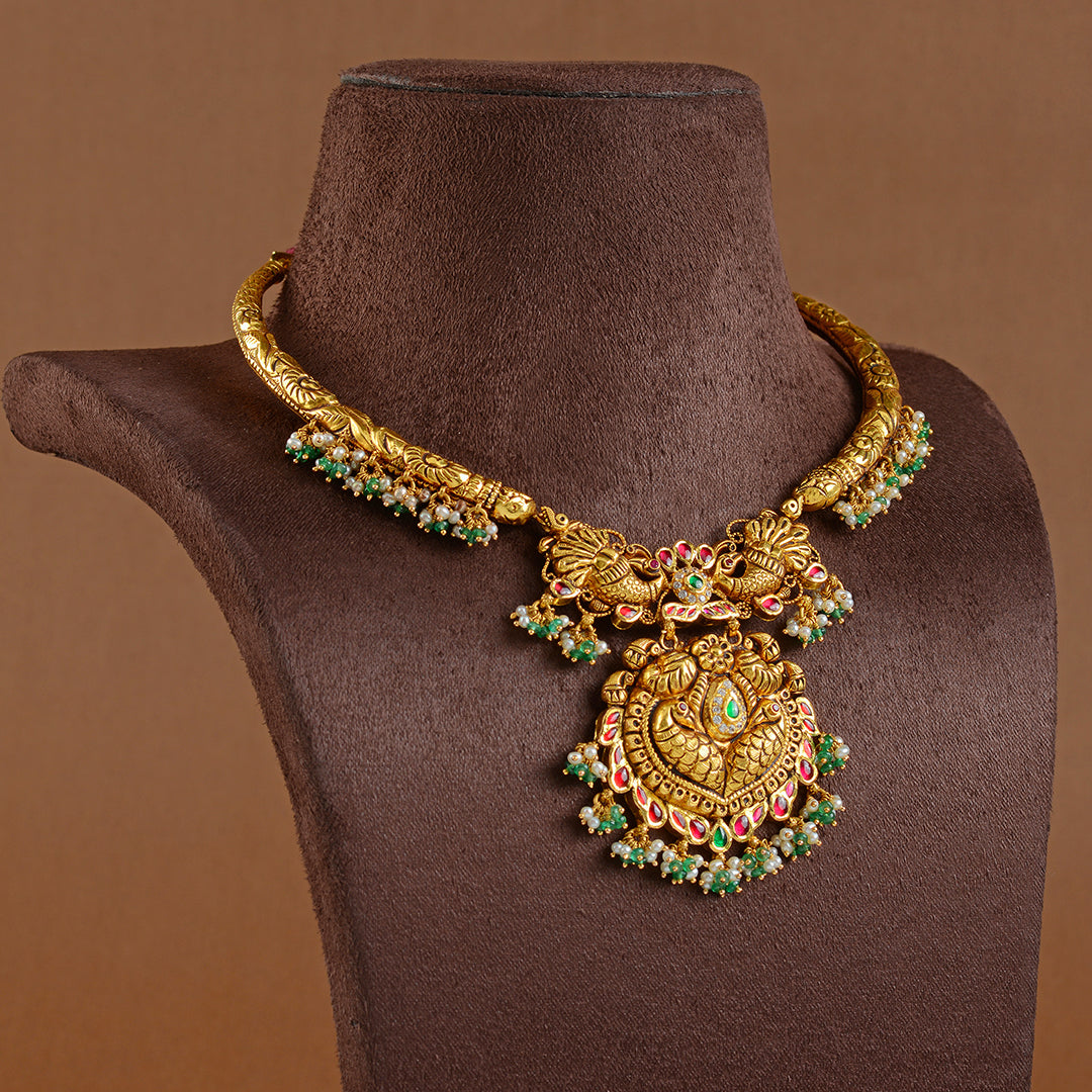 22k Gold Kanti Necklace With Emerald Beads