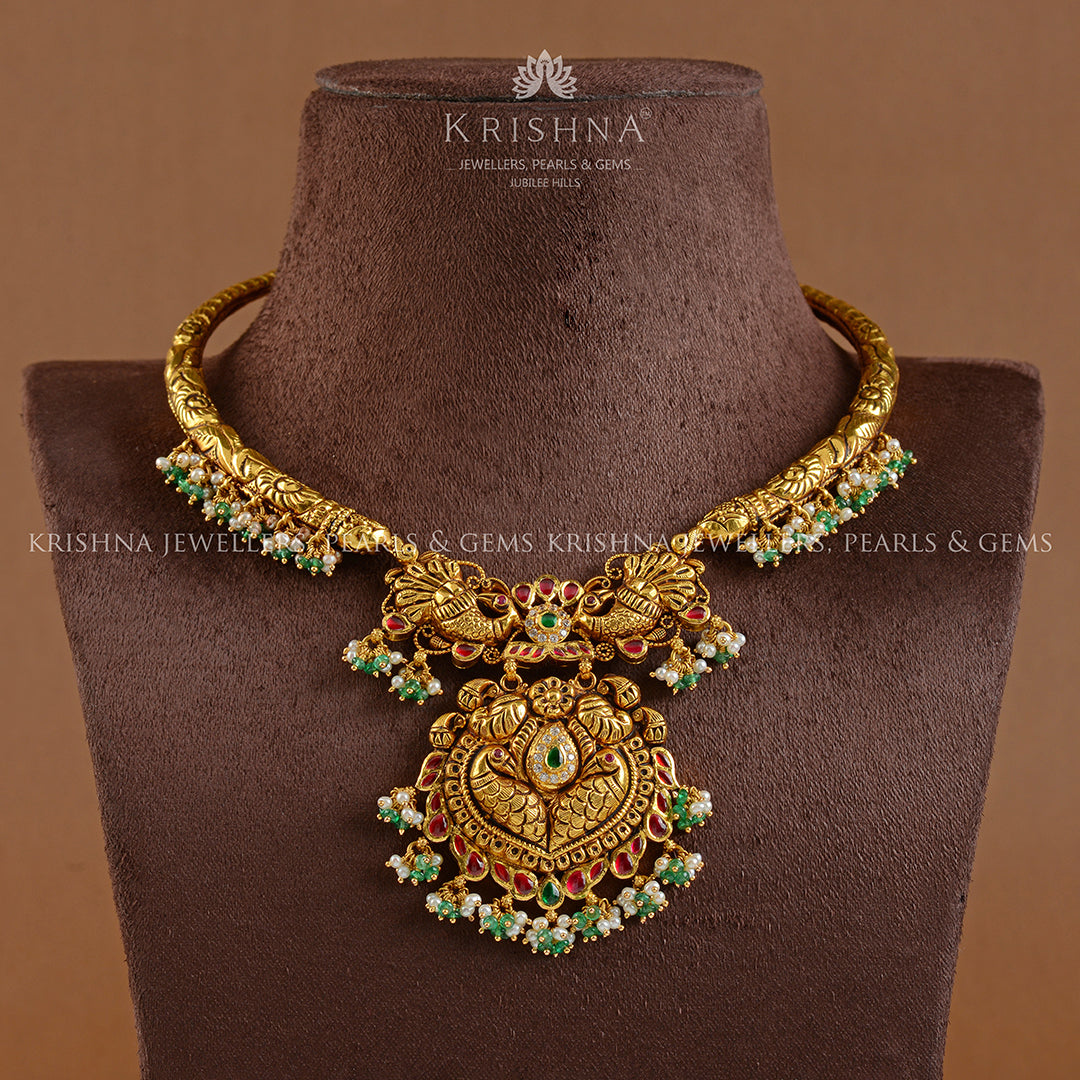 22k Gold Kanti Necklace With Emerald Beads