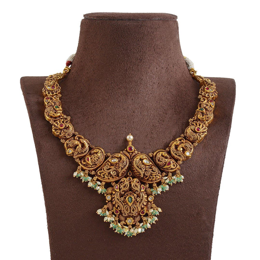Antique Gold Necklace in Nakshi Work - Krishna Jewellers Pearls and Gems