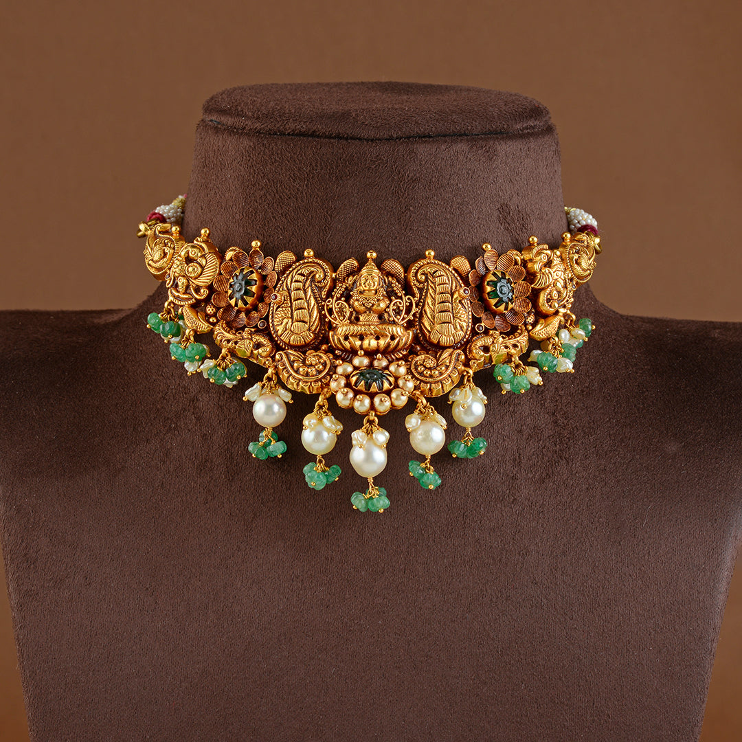22K Gold Laxmi Devi Choker Necklace with Kharbuja Beads