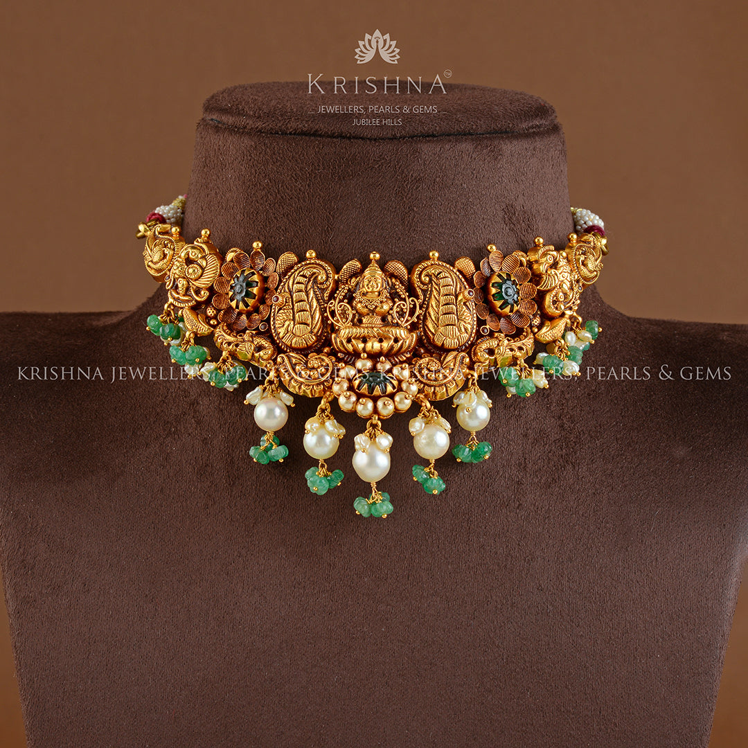 22K Gold Laxmi Devi Choker Necklace with Kharbuja Beads