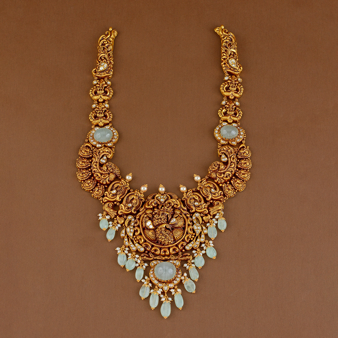 Antique Gold Long Necklace in Peacock Motif