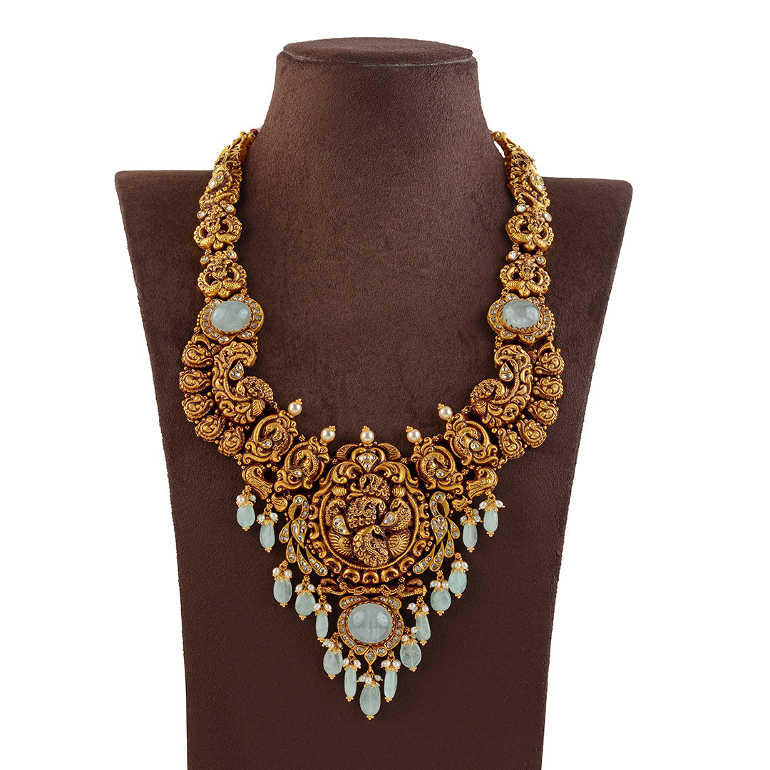 Antique Gold Long Necklace in Peacock Motif