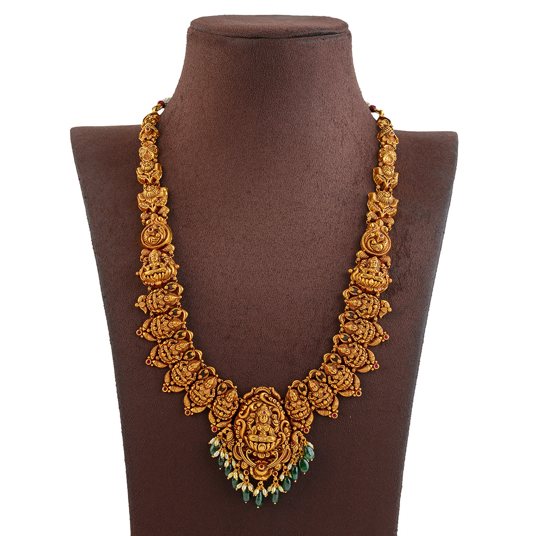 Goddess Lakshmi Long Gold Haram - Krishna Jewellers Pearls and Gems