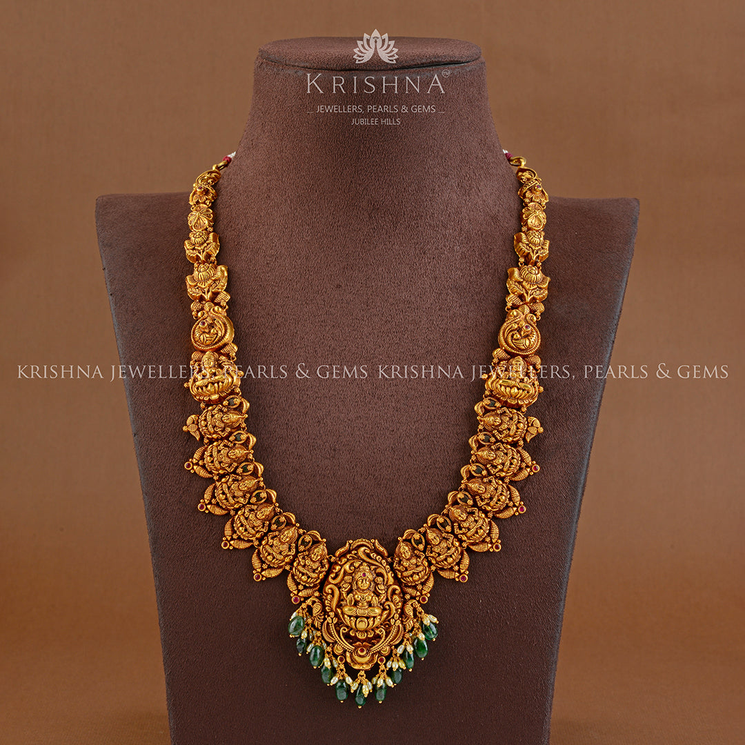 Goddess Lakshmi Long Gold Haram - Krishna Jewellers Pearls and Gems