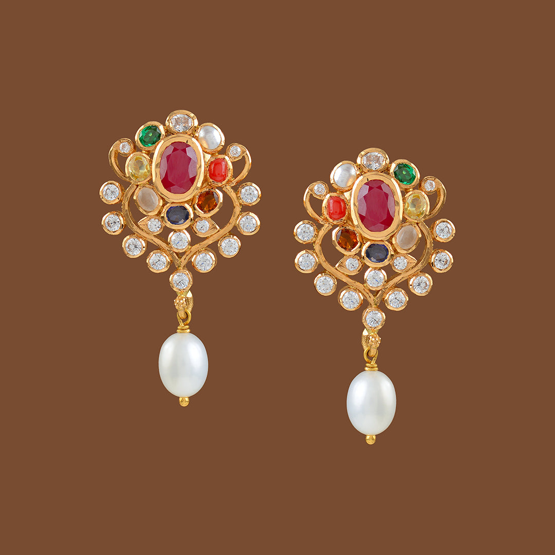 22k Gold Navaratan Earrings with Hanging Pearls